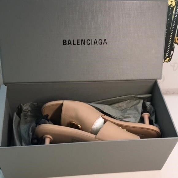 New Authentic Balenciaga BB Logo Leather Mules – Nude/Beige - Picture 5 of 11